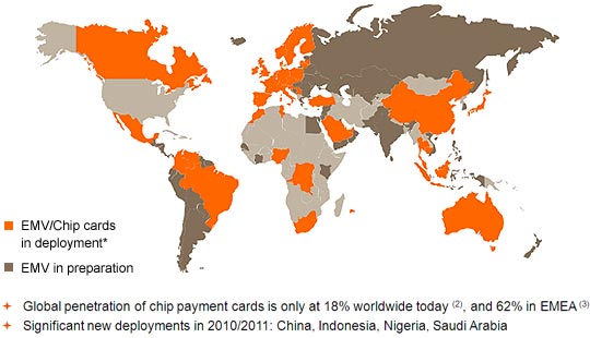 Map of chip and PIN use. Worldwide EMV deployments