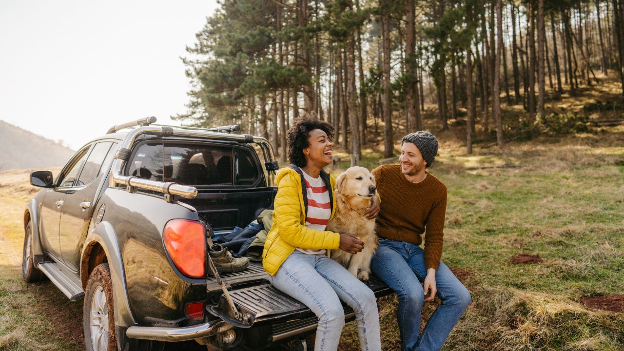 Woman and man smiling with dog between them, sitting in the back of a pickup truck at the edge of a forest