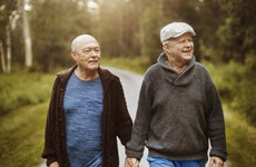 An elderly gay couple walks together on a nice, scenic forest road.