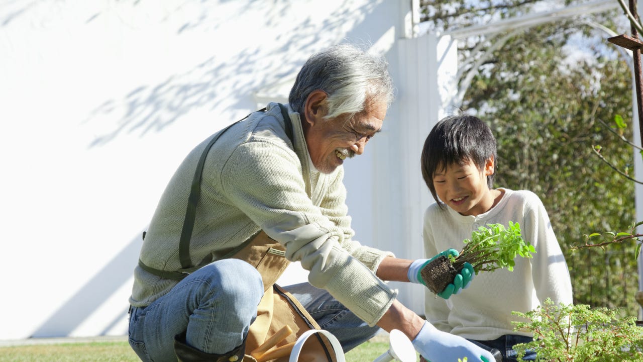 A grandfather and his grandson spend some quality time together gardening.