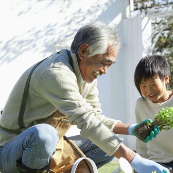 A grandfather and his grandson spend some quality time together gardening.