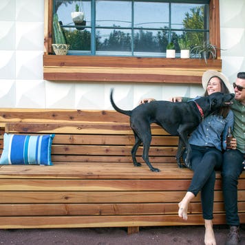Happy couple holding beer bottles playing with dog while sitting in backyard of home