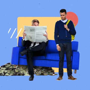 couple with newspaper and looking guilty