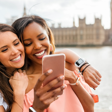 Women taking selfie while on vacation abroad