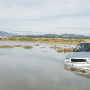 Silver sedan caught in flooded field