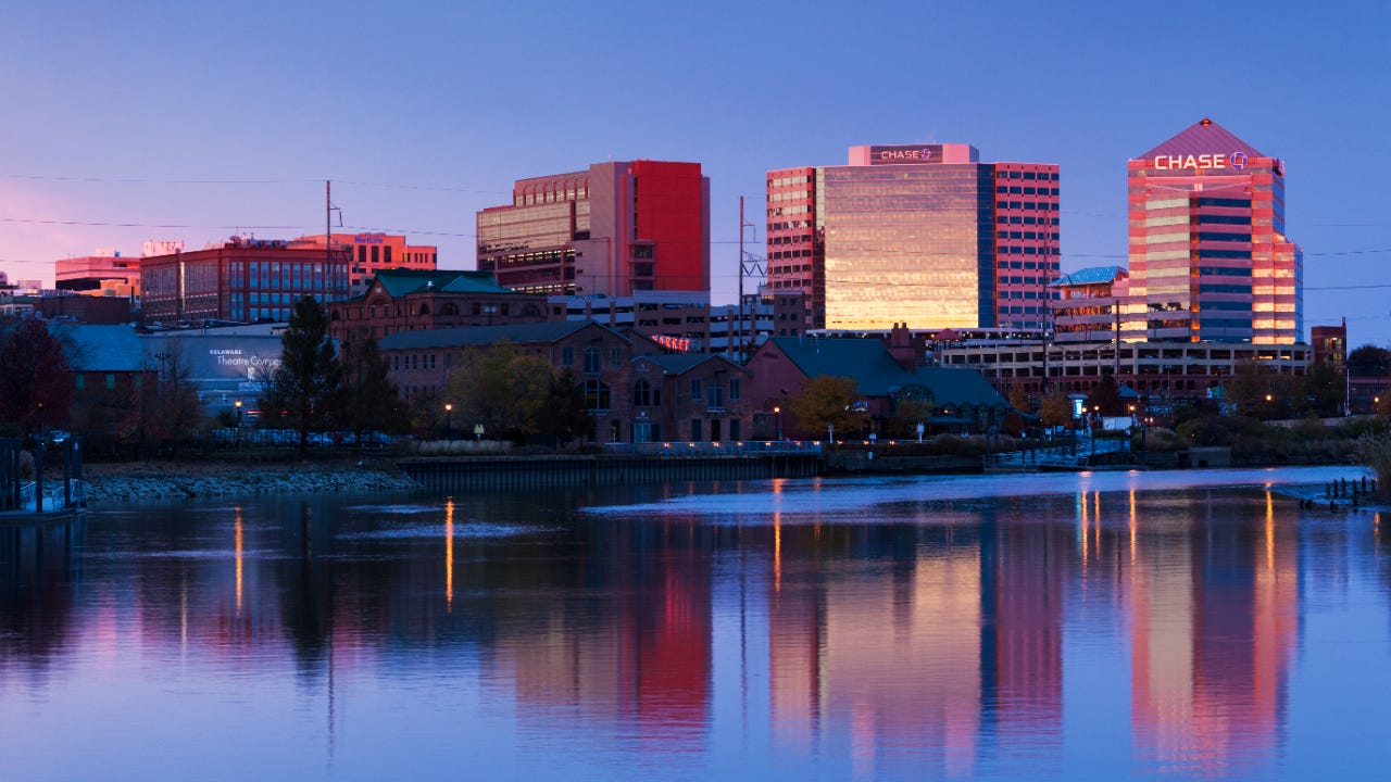 Delaware, Wilmington skyline on the Christina River, dusk