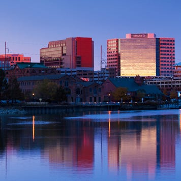 Delaware, Wilmington skyline on the Christina River, dusk