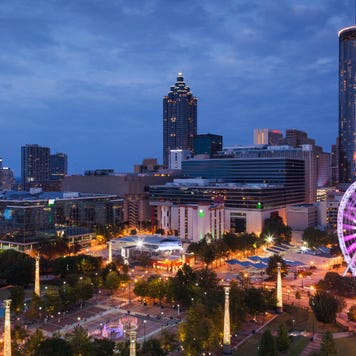 Atlanta, elevated city view with ferris wheel, dusk