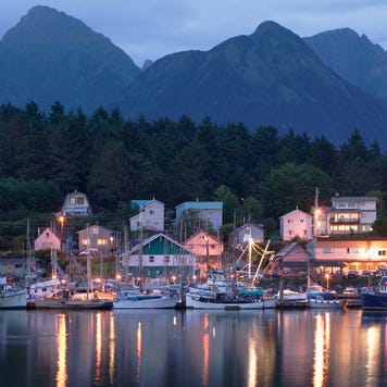 Alaska, Sitka, harbor and town, evening