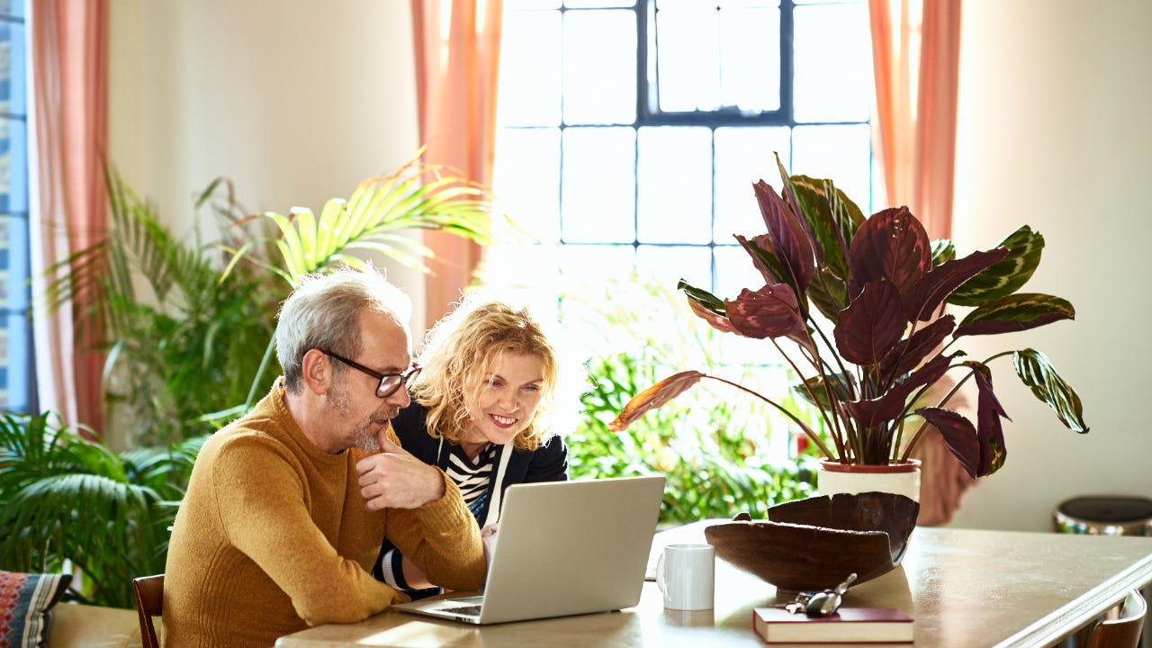 Man and woman looking at laptop sitting on table with vibrant background including several large house plants