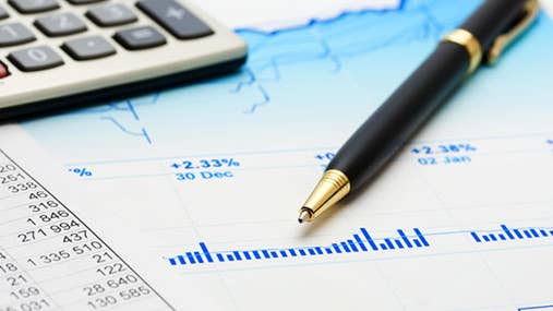 Financial accounting fever chart with calculator and pen © wrangler-Shutterstock.com