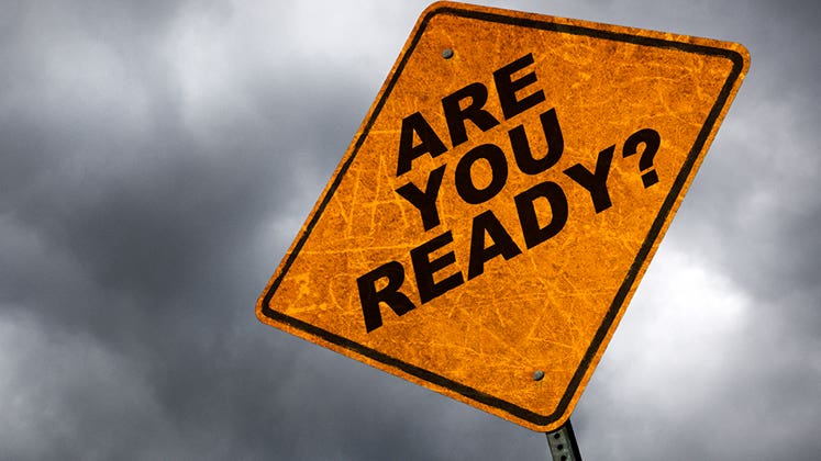&quot;Are you ready?&quot; yellow sign, in stormy weather © iStock