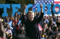 Hillary Clinton two thumbs-up in rally | Maddie McGarvey/Getty Images