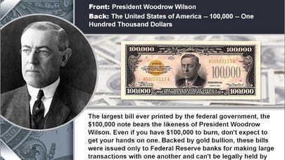 Pictures of big bills – $500, $1,000, $5,000, $10,000