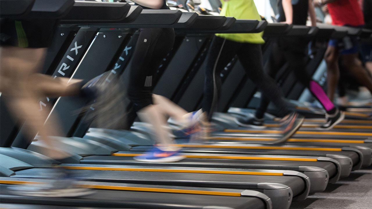 Gym members on treadmills