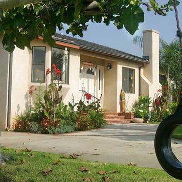 Home and yard with tire swing