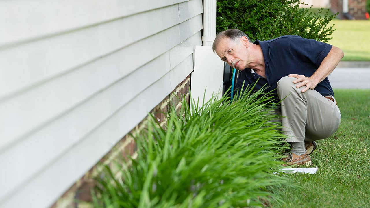 Man inspecting foundation of house