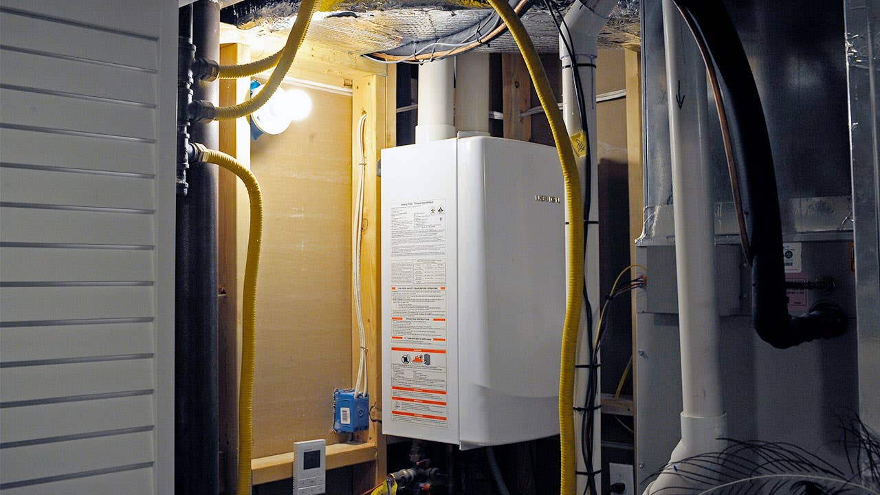Garage with tankless hot water heater