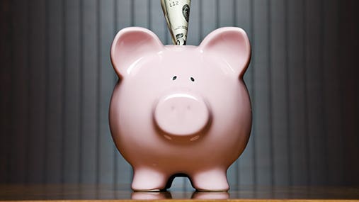 Piggy bank with $5 bill © Kinetic Imagery/Shutterstock.com