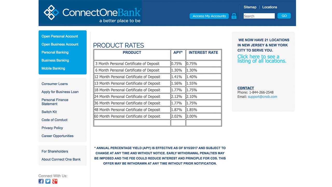 ConnectOne Banke CD rates