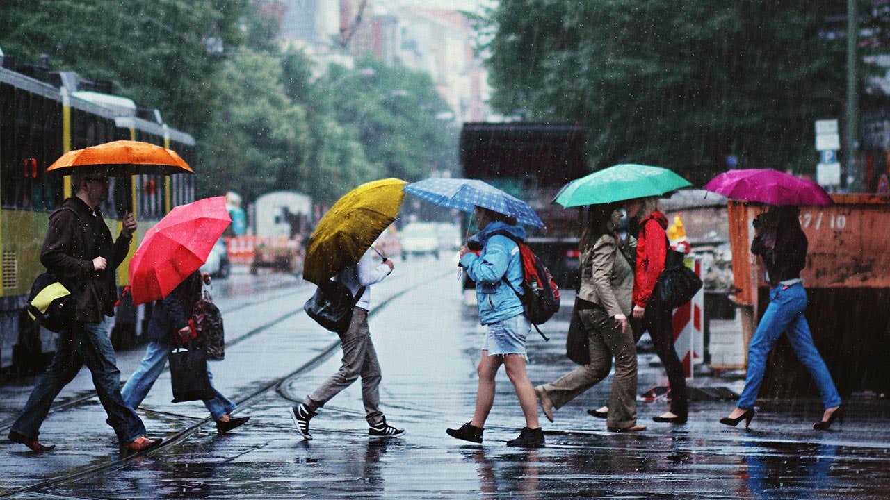 Americans crossing the street in the rain