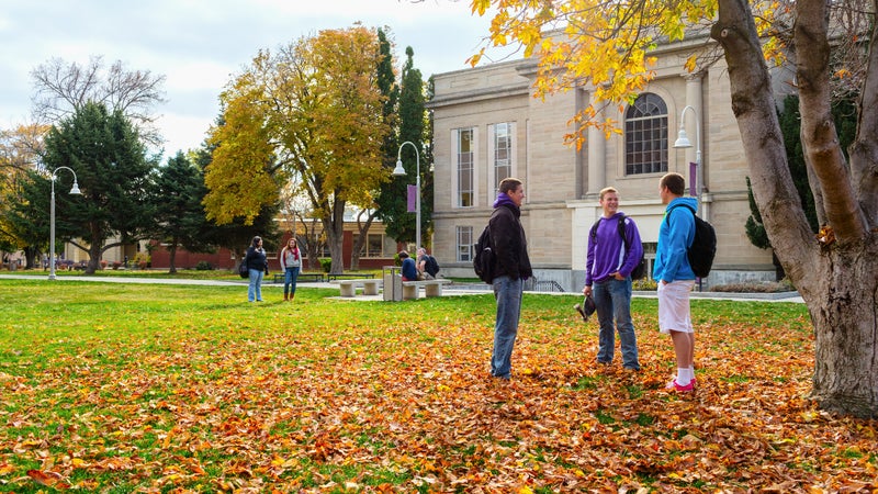 A photo of students talking on a college campus