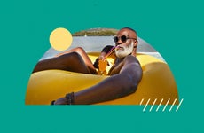 Middle-aged man on pool float with drink in hand and gold and green graphic shapes