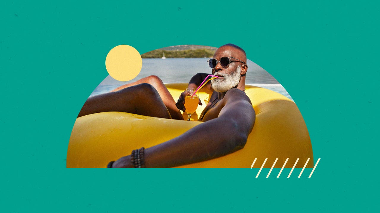 Middle-aged man on pool float with drink in hand and gold and green graphic shapes