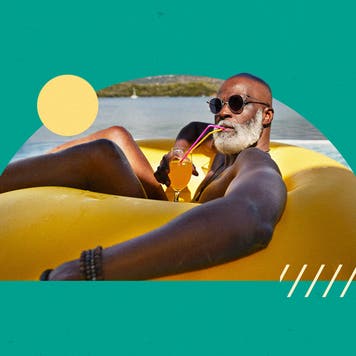 Middle-aged man on pool float with drink in hand and gold and green graphic shapes