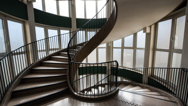 A long spiral staircase.