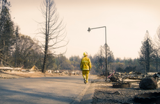 Fire fighter walking along a street where every home burned to the ground