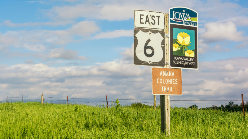 Road sign on the Amana Colonies Trail on the Iowa Valley Byway