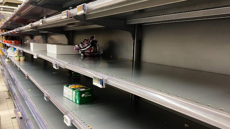 Empty shelves in a grocery store