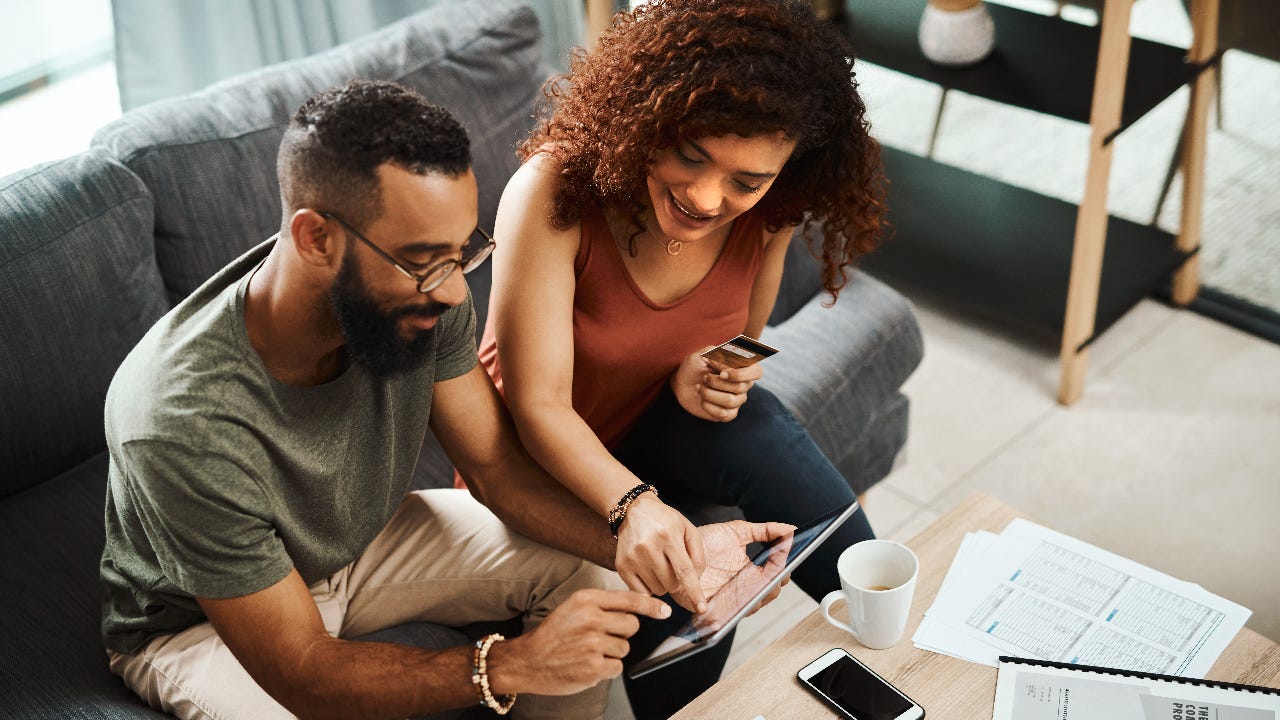 Couple looking at computer