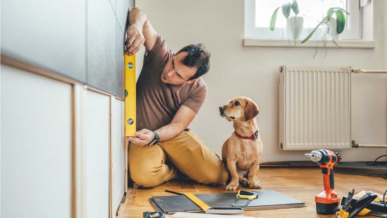 Man works on home renovation while dog watches.