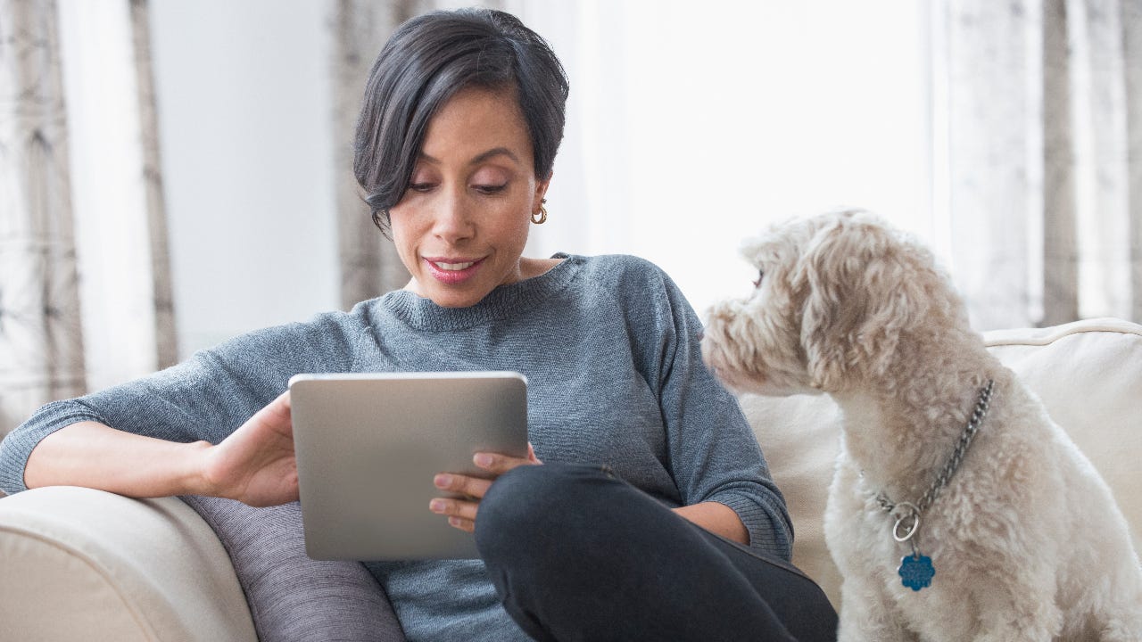 Woman using a tablet on a couch with a dog
