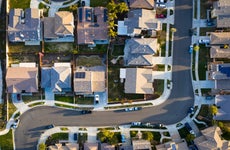 An aerial of homes in a neighborhood