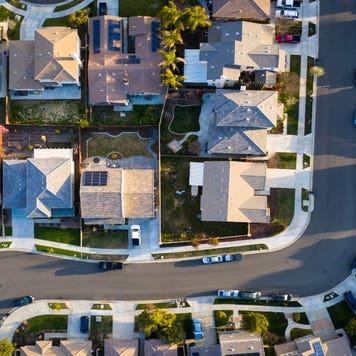 An aerial of homes in a neighborhood