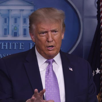 A picture of President Donald Trump in the White House briefing room