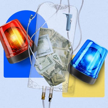 comical illustration of money being injected via medial equipment