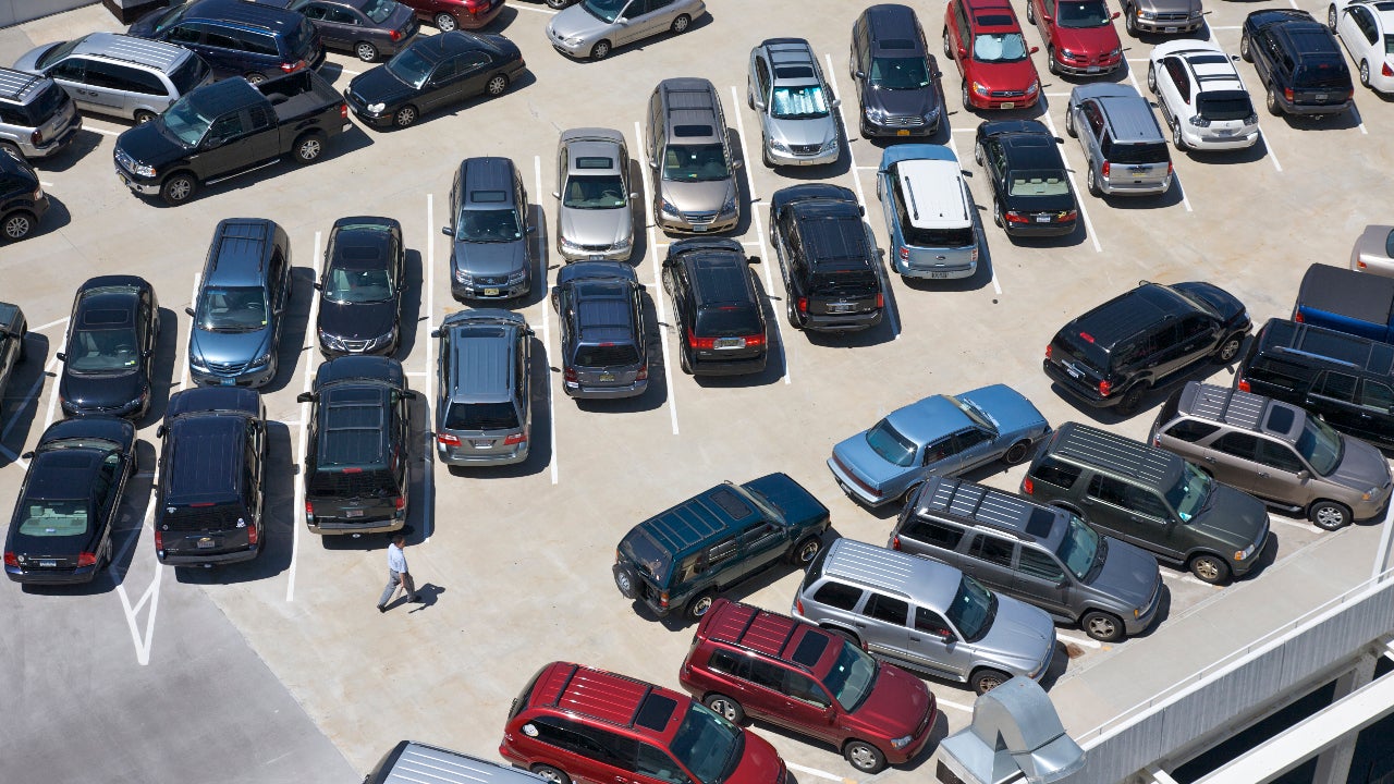 Aerial view of automobiles parked in symmetrical pattern