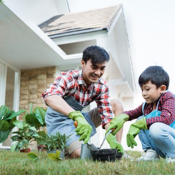 A father and his young son garden together in their yard.
