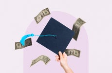 A college graduation cap being thrown into the air alongside cash bills
