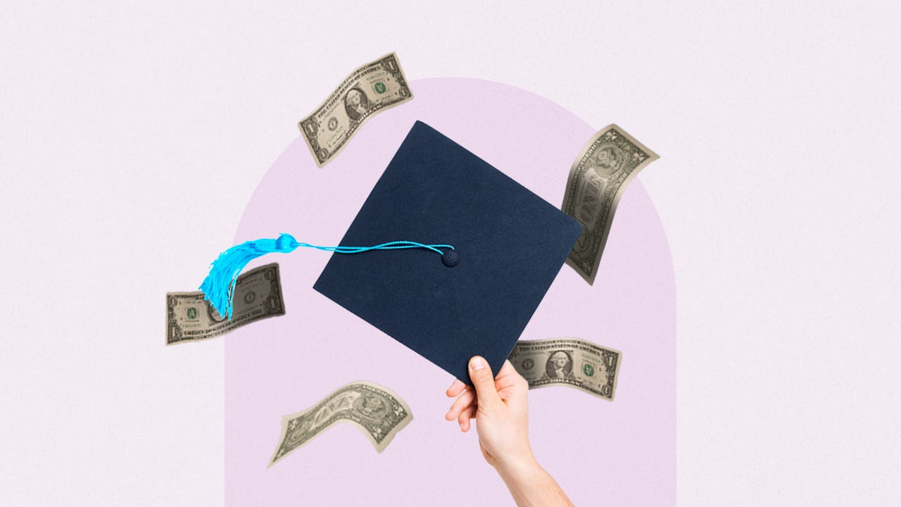 A college graduation cap being thrown into the air alongside cash bills