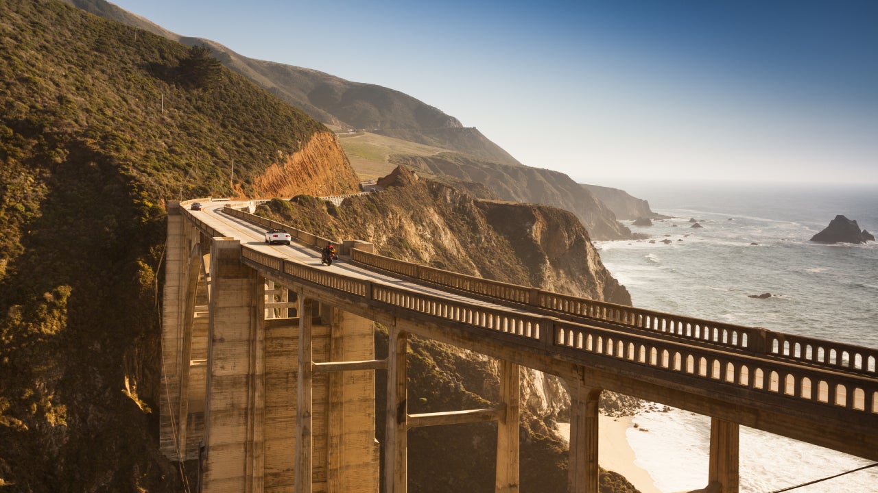 The Bixby Bridge of California with its giant struts and curving path through the canyon!