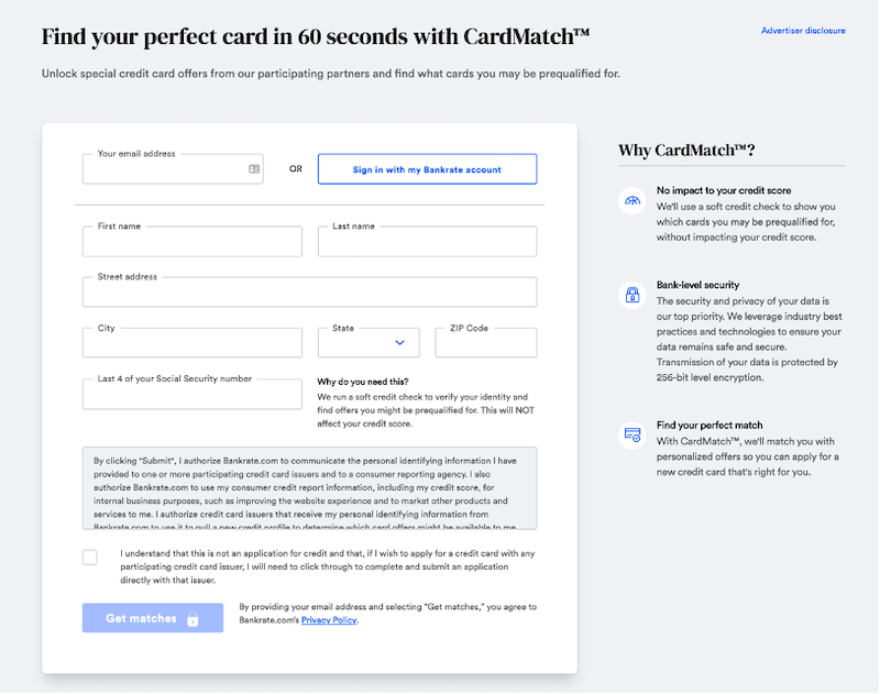 CardMatch signup page