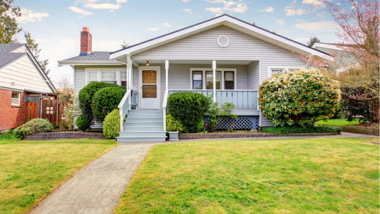 A single-story home with front porch and lawn