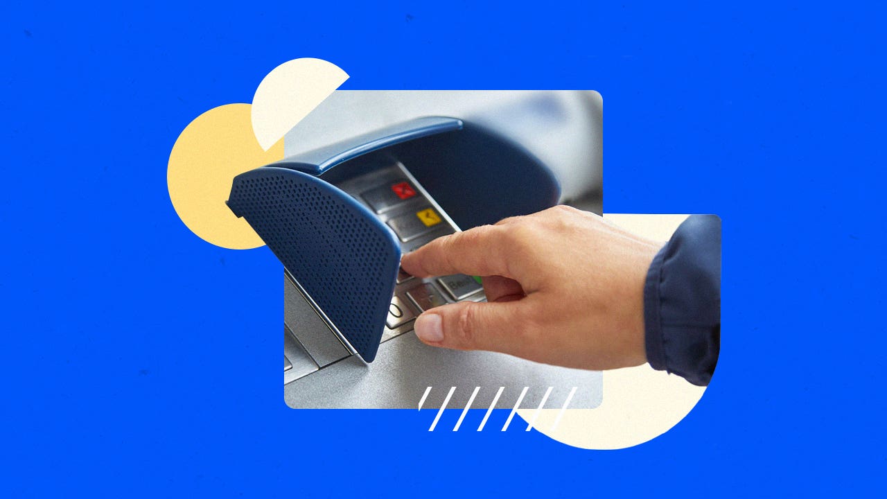 image of someone using an ATM with an illustrated blue background