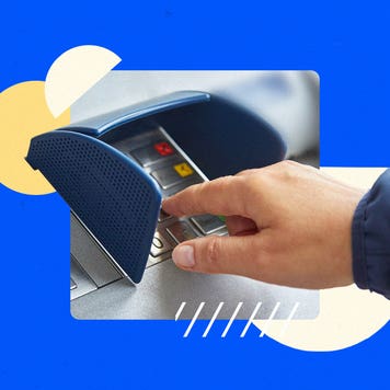 image of someone using an ATM with an illustrated blue background