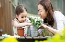 Mixed-race Asian girl and her Asian mother are potting a plant and enjoying the weather outdoors.